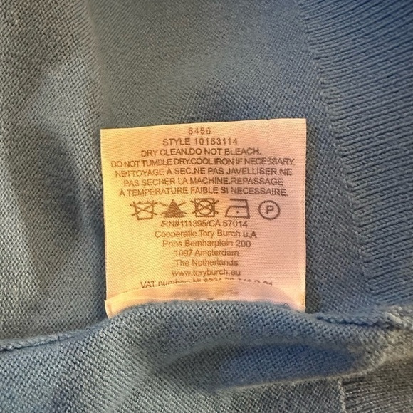 Tory Burch Color Block Solid Light Blue Cardigan Sweater Logo Buttons Sz XS - Picture 8 of 9